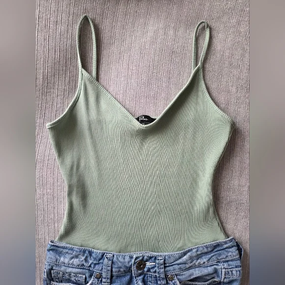 Lulus Sage Green Ribbed Bodysuit Cami | Size XL | Soft Stretch Fitted Tank - Picture 1 of 5
